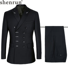 Load image into Gallery viewer, Shenrun Men Suits Slim Fit New Fashion Suit Double Breasted Peak Lapel Navy Blue Black Wedding Groom Party Prom Skinny Costume