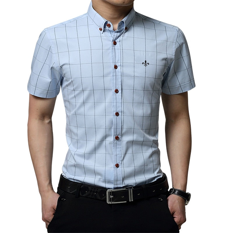 Fashion Blouse Shirt Plaid Male Social Dudalina Short Sleeve Slim Fit Shirt Men Clothing Embroidery White Male Cold