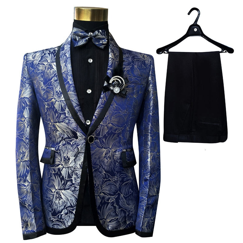 PYJTRL Men Shawl Lapel 3 Piece Set Suit Blue Floral Pattern Jacquard Wedding Groom Singers Prom Costume Latest Coat Pant Designs