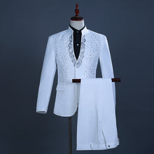 Load image into Gallery viewer, White Embroidered Diamond Suit Men Wedding Groom Tuxedo Suits Mens Stand Collar Prom Stage Costume Mens Suits with Pants Ternos
