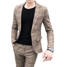 Load image into Gallery viewer, British style suit two-piece suit (coat + pants) men blazer / 2019 new men suits high quality plaid printed slim suit 2 sets
