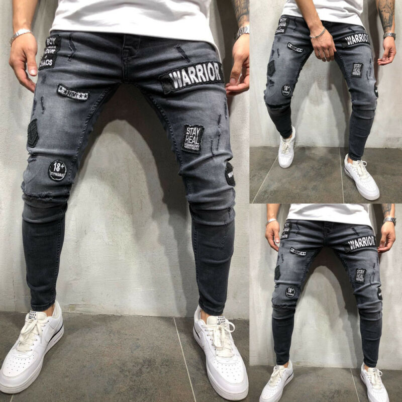 New Men's Biker Ripped Skinny Long Pants Bleached Distressed Frayed Female Casual Slim Fit Denim Pants Pencil pants S-3XL