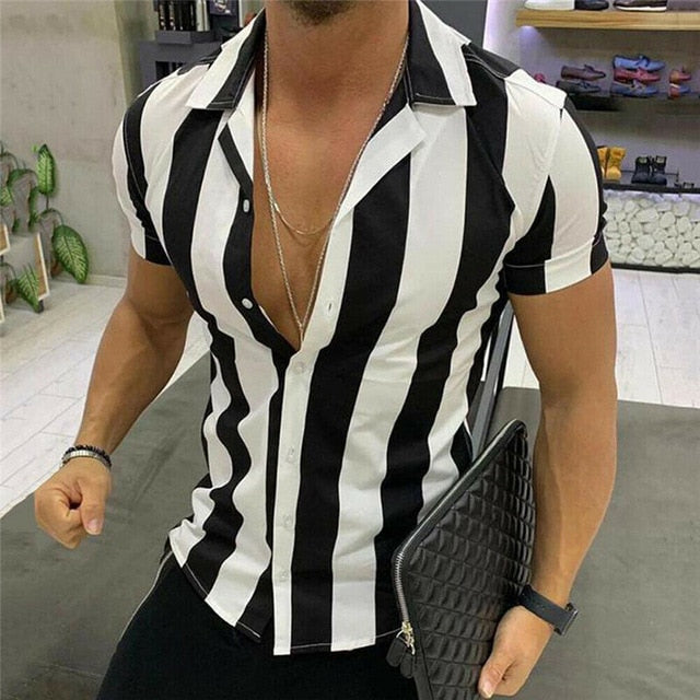 Moda masculina camisa listrada masculina de luxo fino ajuste camisa de manga curta elegante formal casual t topos