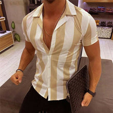 Load image into Gallery viewer, Moda masculina camisa listrada masculina de luxo fino ajuste camisa de manga curta elegante formal casual t topos
