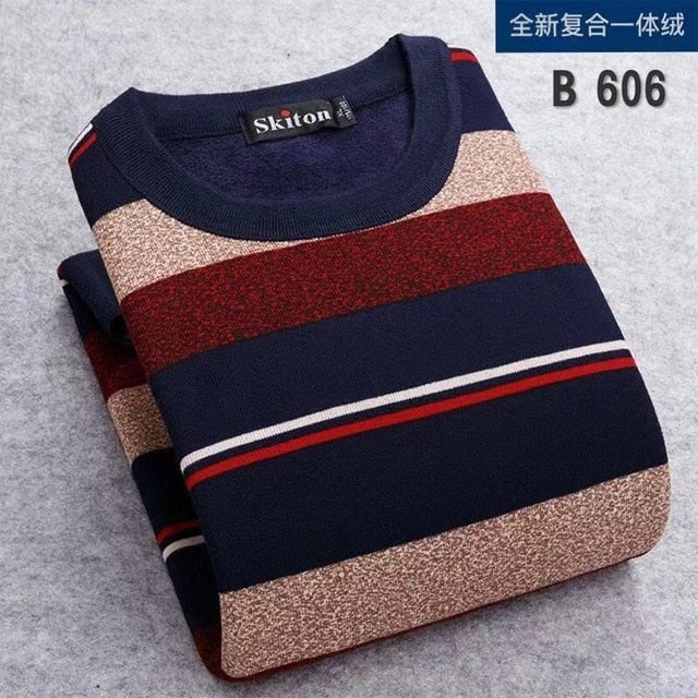 Men Sweater 2020 Autumn Winter New Plus velvet Sweater Men fashion Casual Striped O-neck pullover Pull Men Warm bottoming shirt